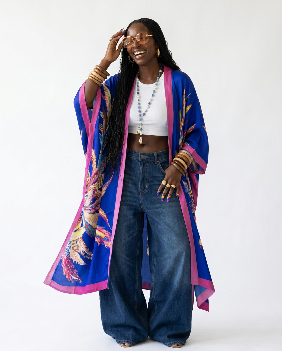 Vibrant Feather Print Kimono-0