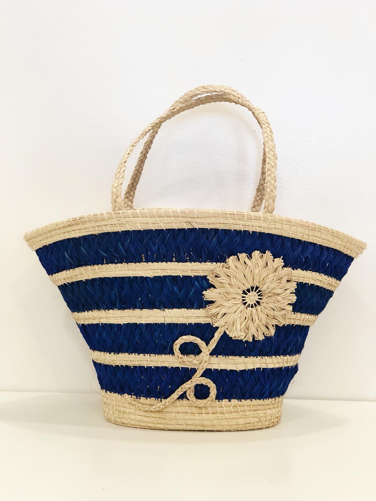 Blue Flower "Trapezoid" Straw Artisan Tote-2