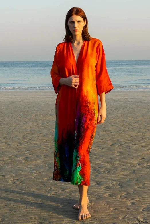 Roar Tiger Animal Print Abstract Kimono - Red & Multicolor-0