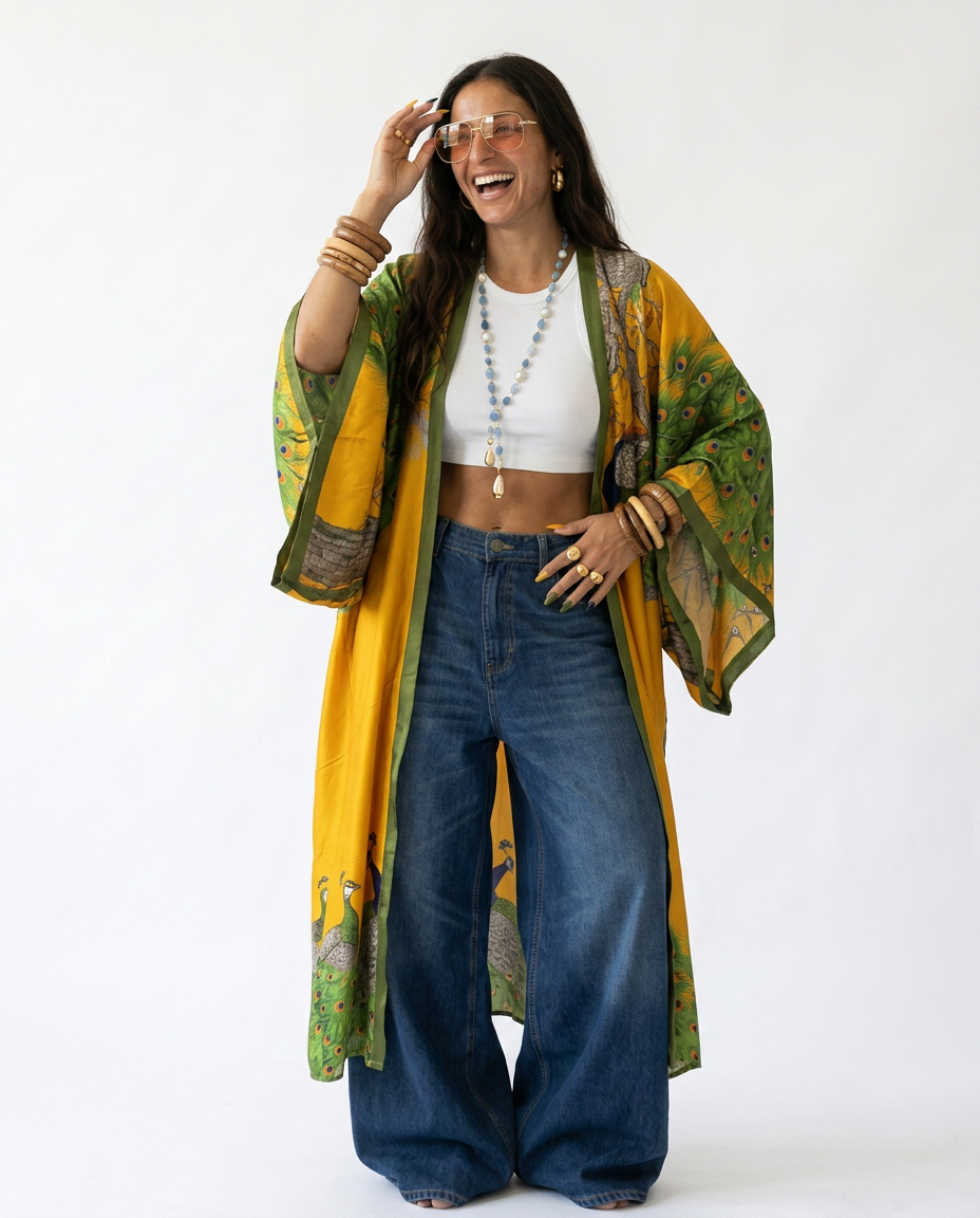 Radiant Peacock Print Silk Kaftan-0