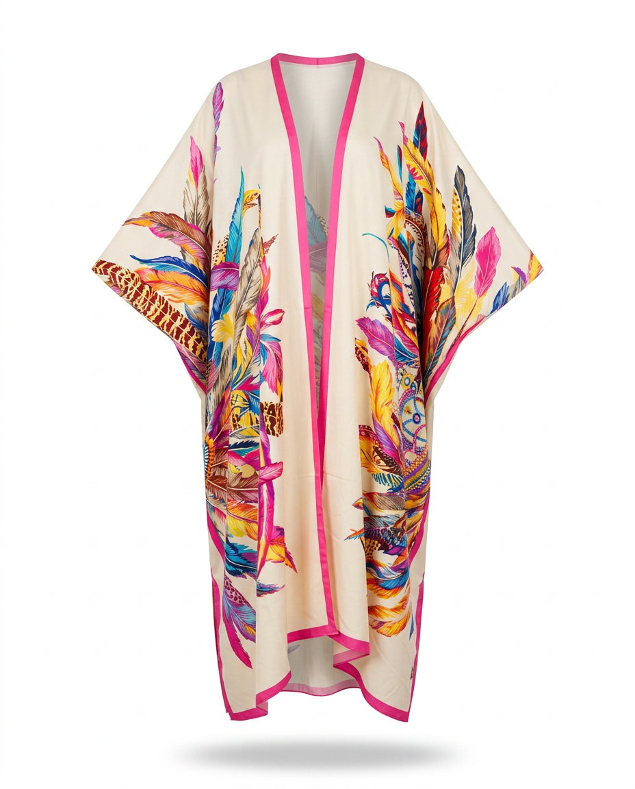 Vibrant Feather Print Kimono-5