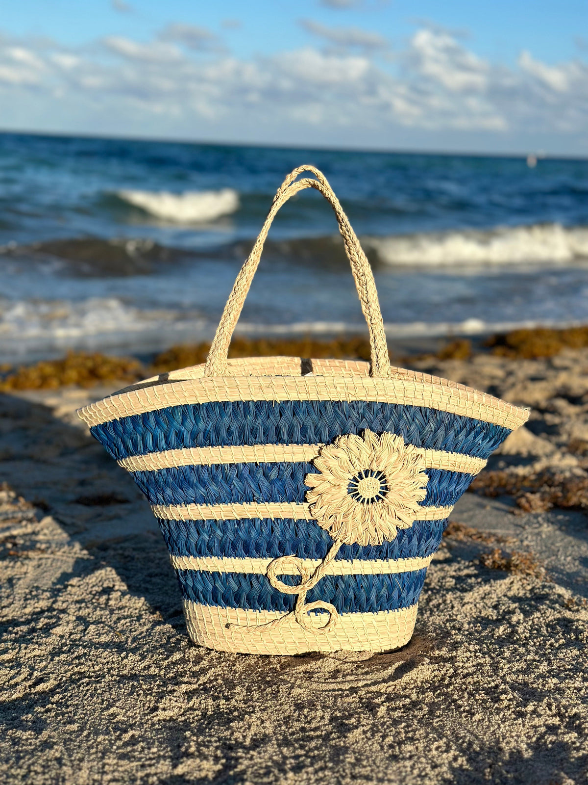 Blue Flower "Trapezoid" Straw Artisan Tote-0