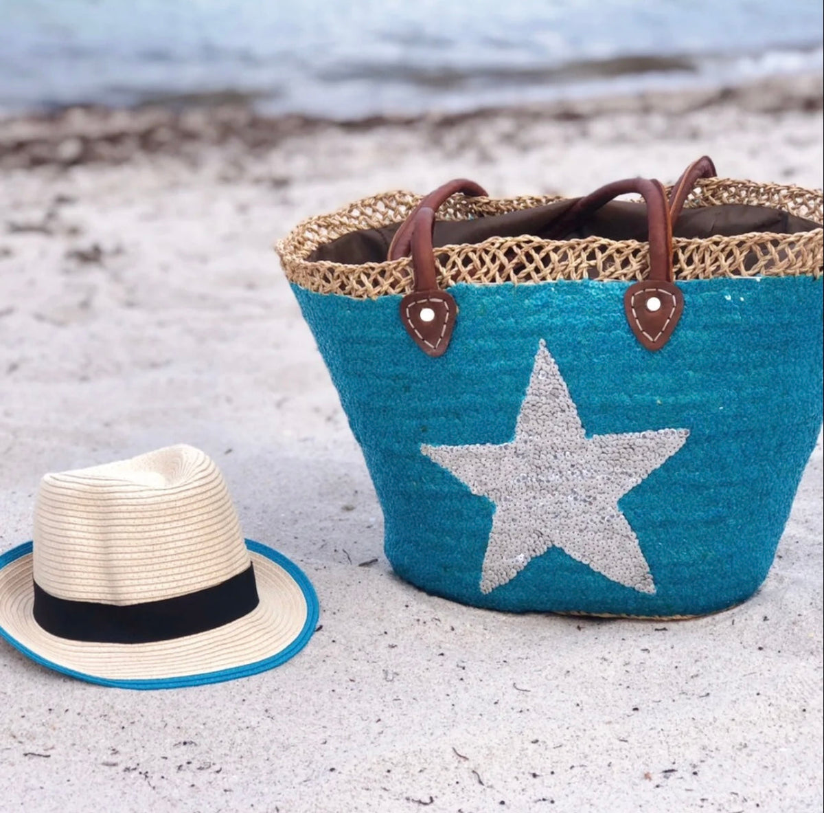 Turquoise Star Sequin Moroccan Beach Tote Bag-0