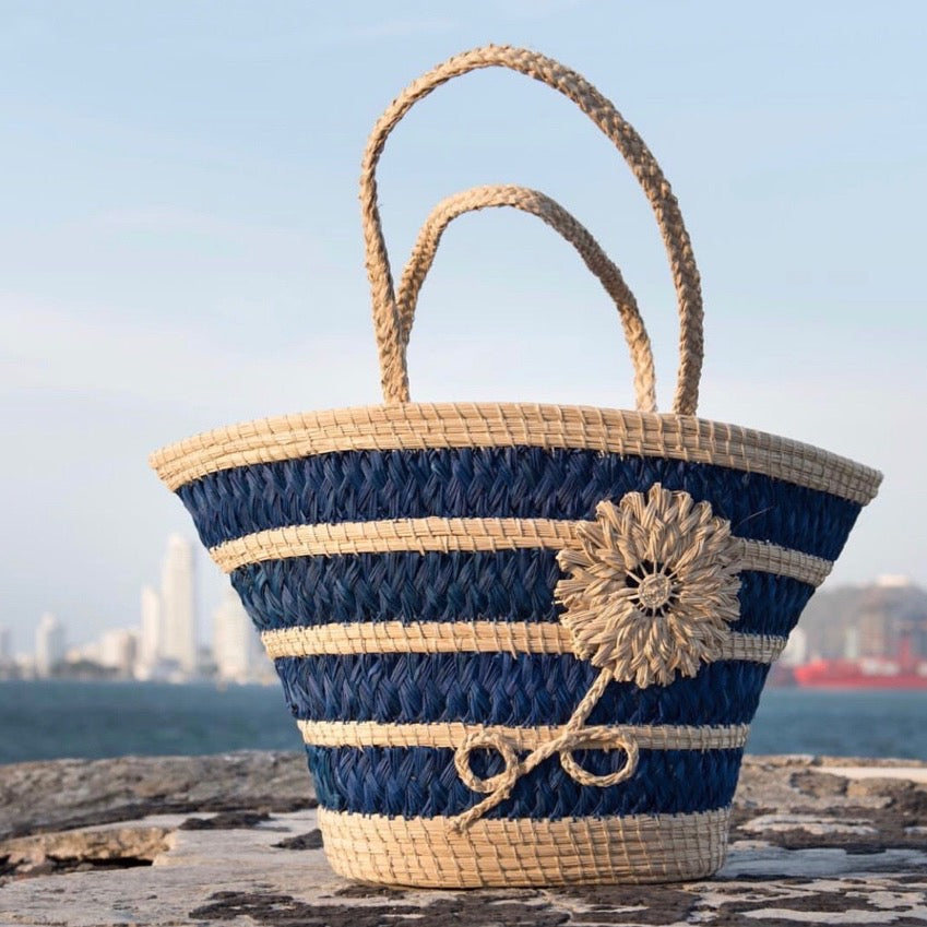 Blue Flower "Trapezoid" Straw Artisan Tote-1
