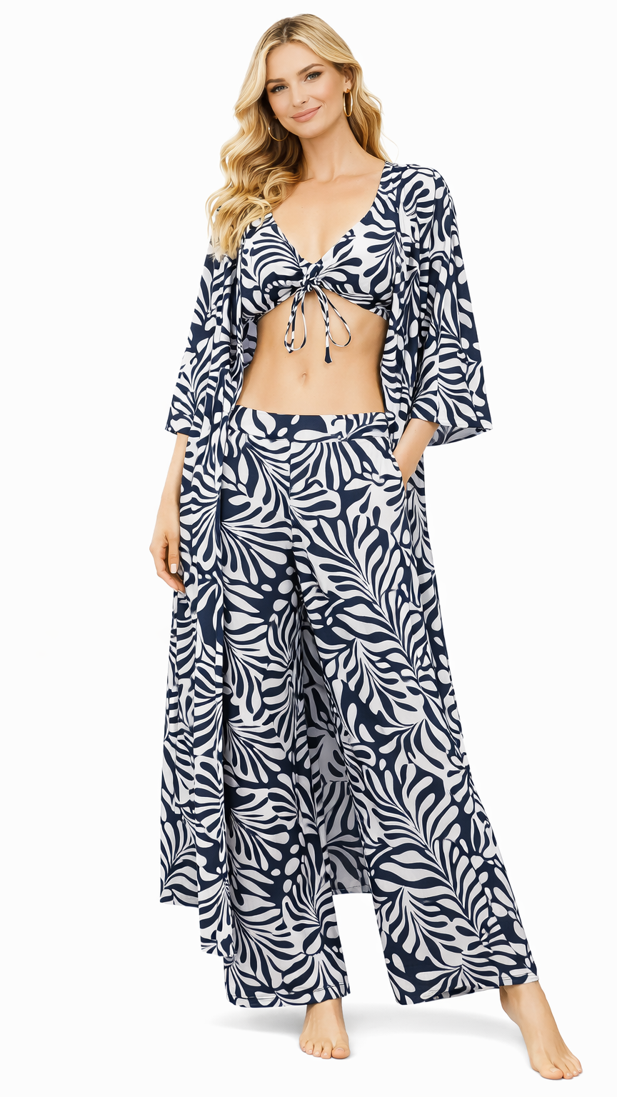 3-Piece Tropical Print Beach Set Wholesale | Resort Wear Kimono, Top & Pants-0