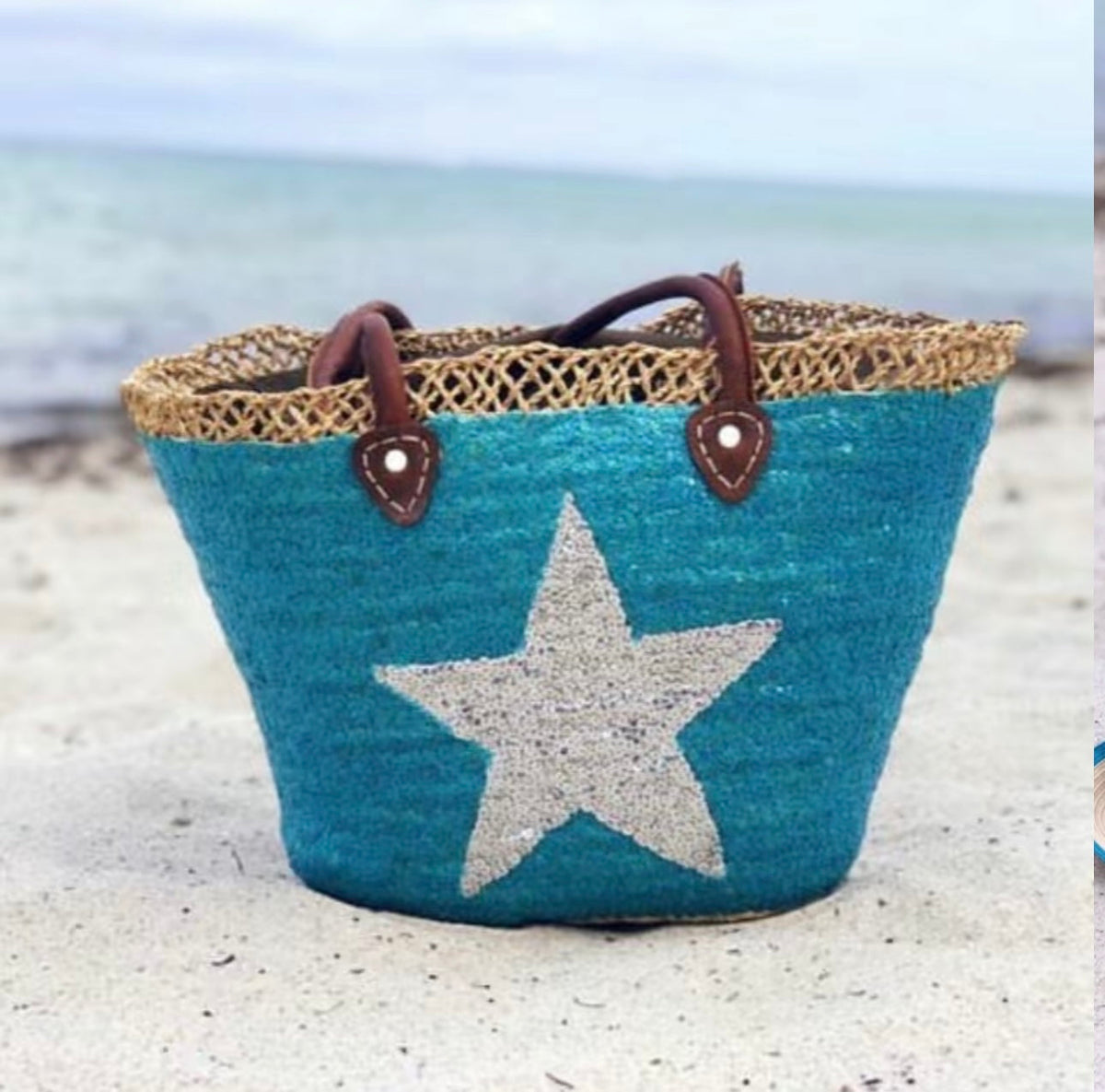 Turquoise Star Sequin Moroccan Beach Tote Bag-1