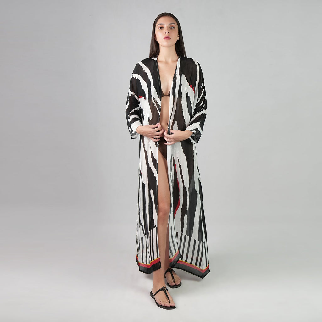 Into The Wild Zebra Print Kimono Dress - Black And White Stripe Beach Cover Up-3