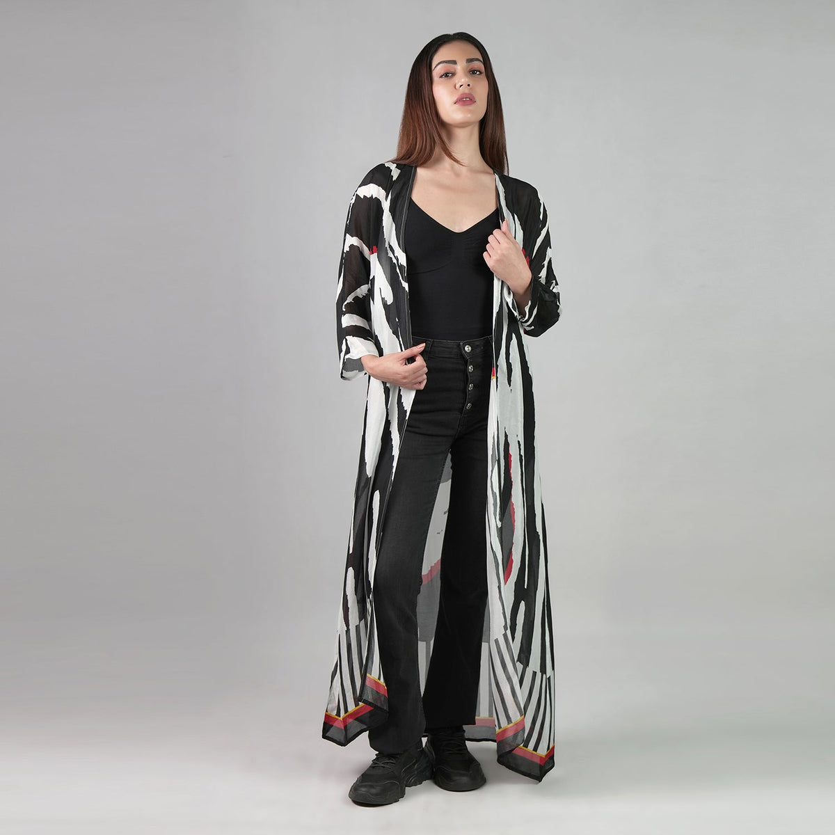 Into The Wild Zebra Print Kimono Dress - Black And White Stripe Beach Cover Up-0