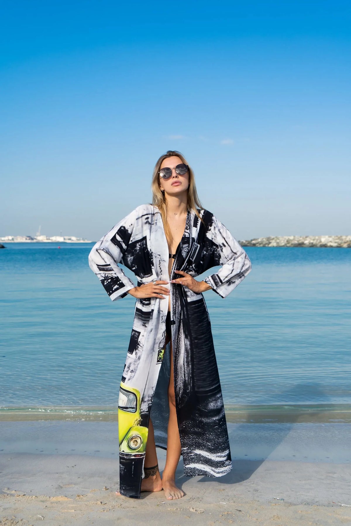 Neon Drive Car Abstract Print Long Kimono - Black & White Beach Cover Up-0
