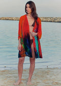 Roar Tiger Animal Print Abstract Short Kimono - Red & Multicolor-0