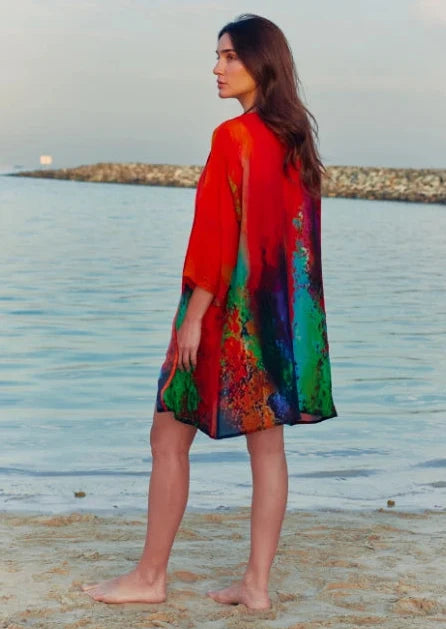 Roar Tiger Animal Print Abstract Short Kimono - Red & Multicolor-2