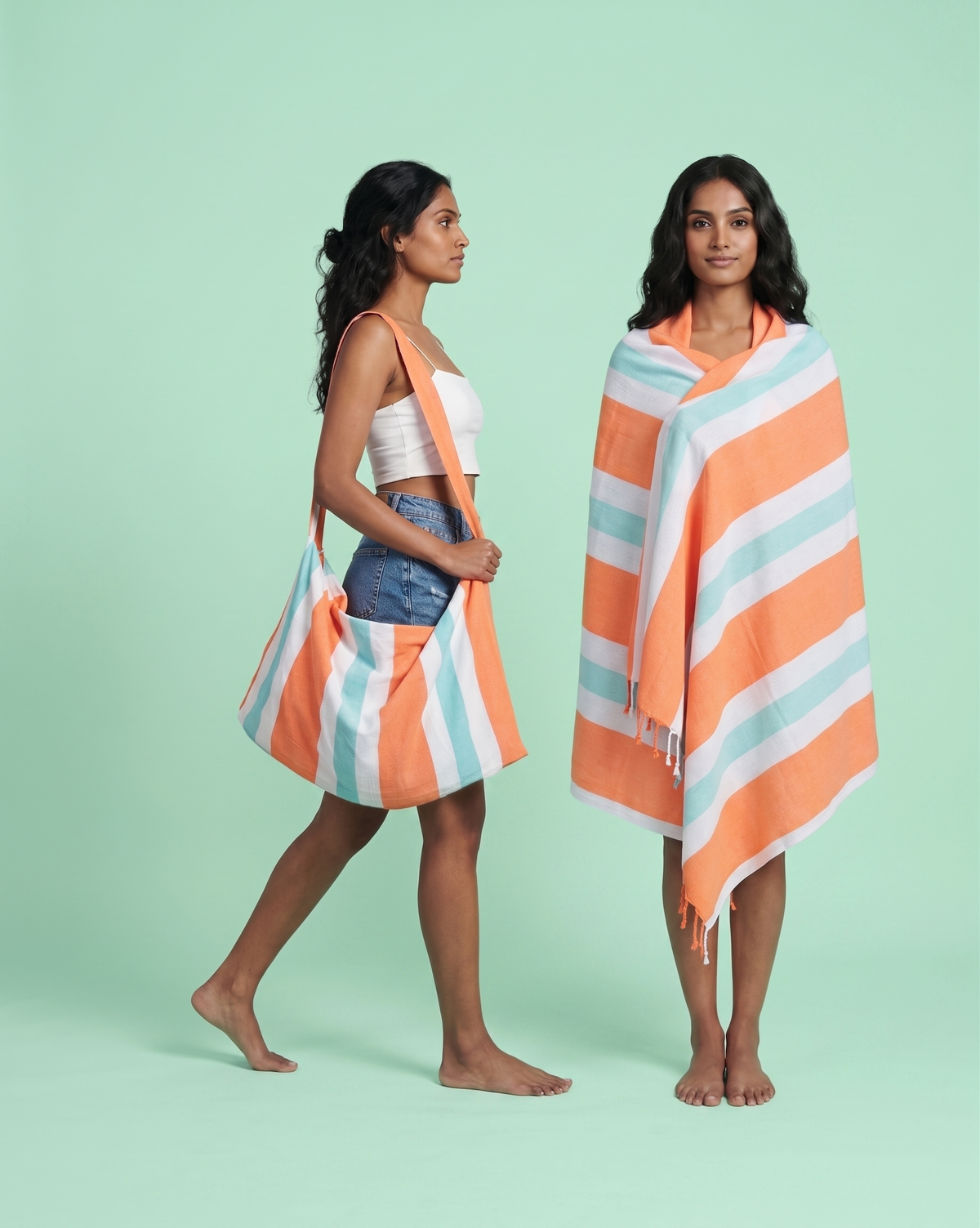 2-in-1 Hammam Towel Bag Coral Coast Orange & Mint – Recycled Cotton-1